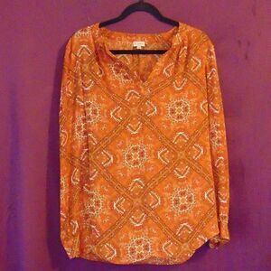 EUC DANIEL CREMIEUX Orange & White V Neck Geometric Pattern Long Sleeve Tunic M
